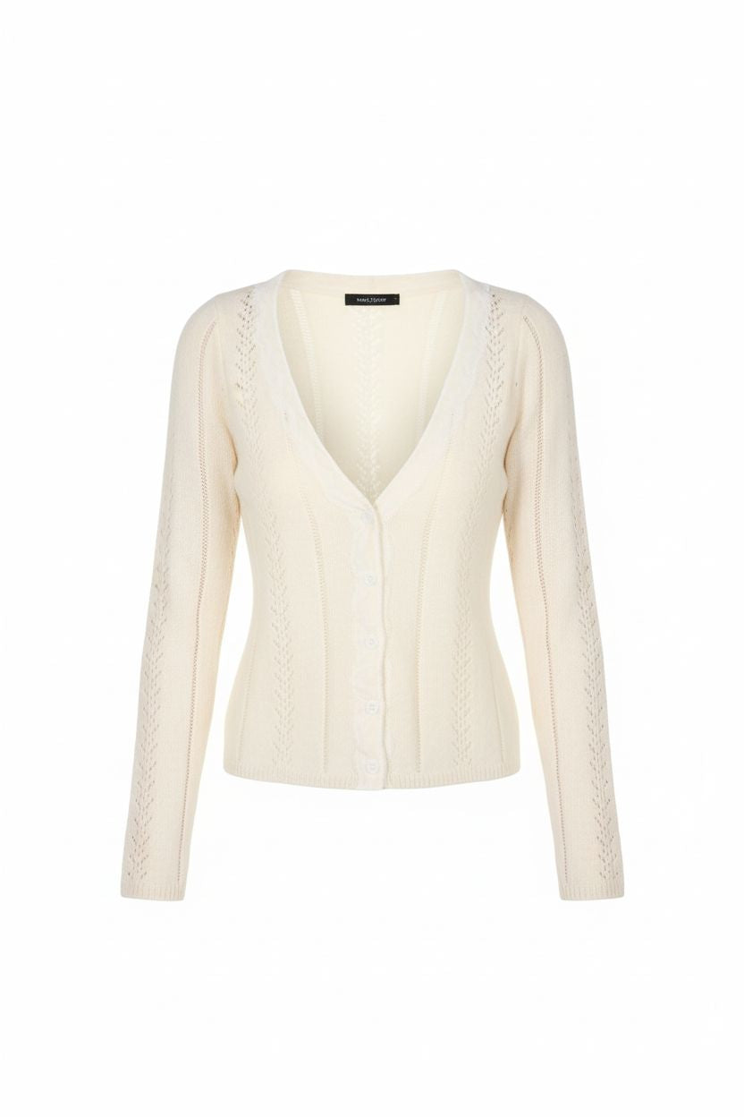 V-Neck Crochet Hollow Knit Cardigan with Lace Trim