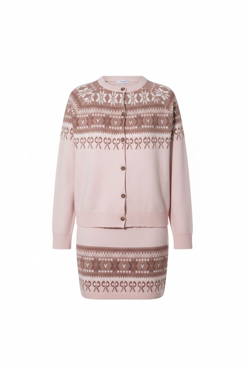Pink Jacquard Knit Sweater & Skirt Set