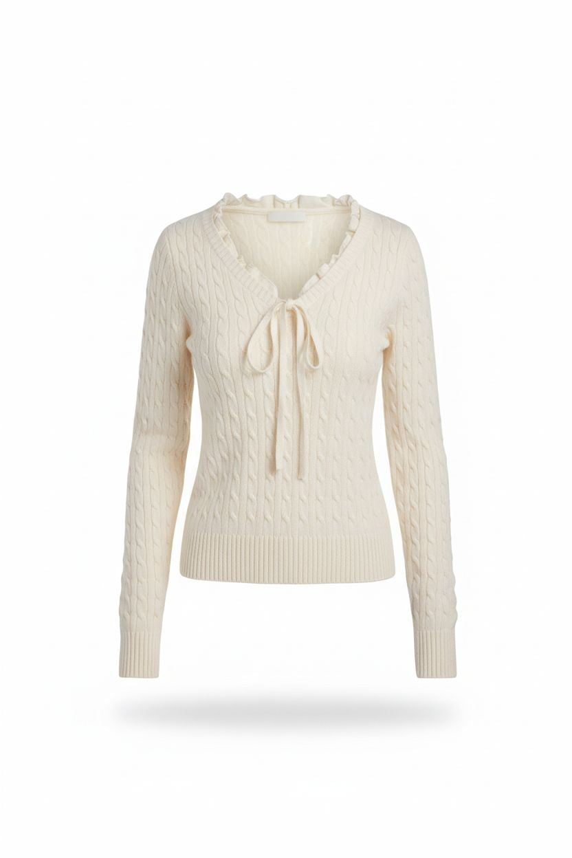 White Cable Knit Sweater with Ruffle Trim
