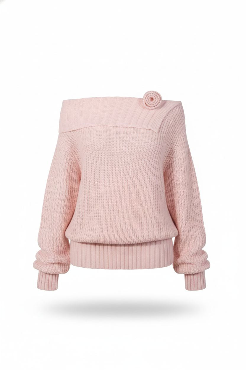 Off-Shoulder Rose-Decor Knit Sweater
