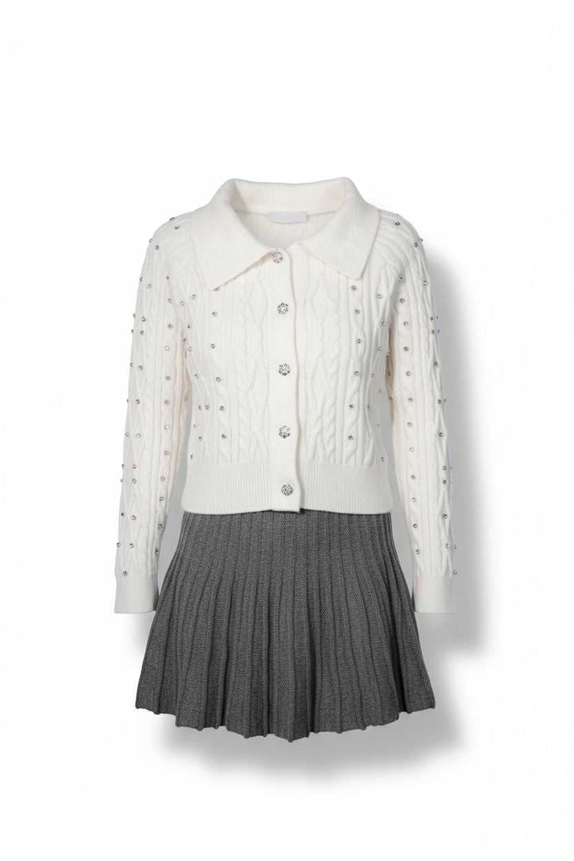 Rhinestone Polo-Collar Knit Cardigan & High-Waisted Pleated Skirt Set