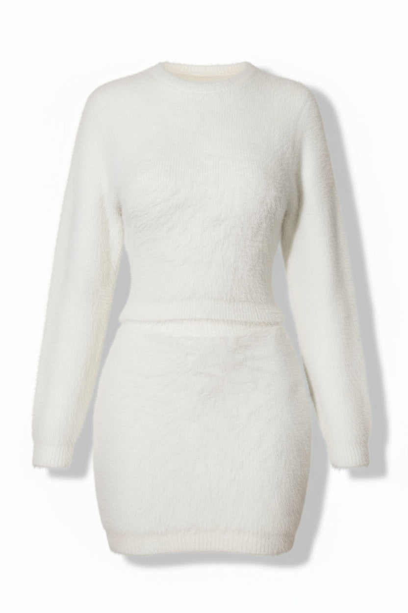 Fuzzy Mohair Blend Twin Set with High-Waist Wrap Skirt