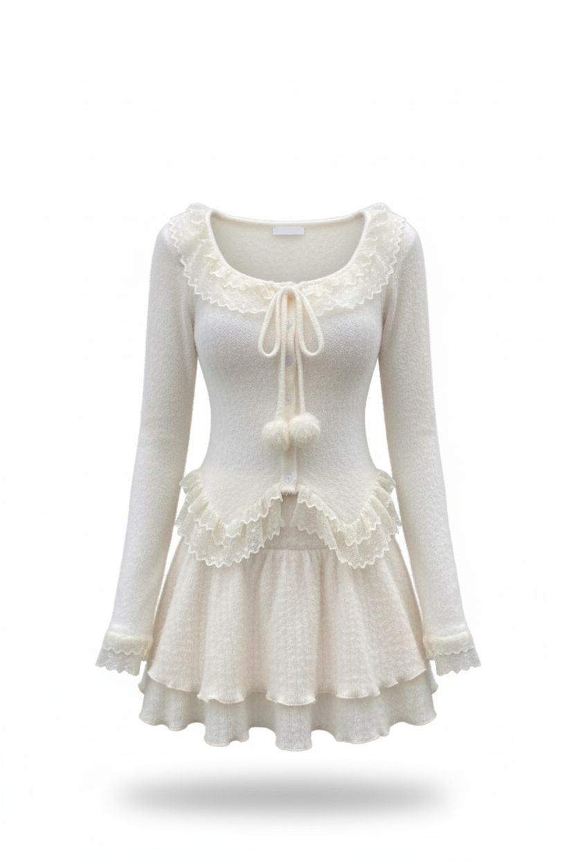 Soft Knit Two-Piece Set with Lace Ties and Pom-Poms