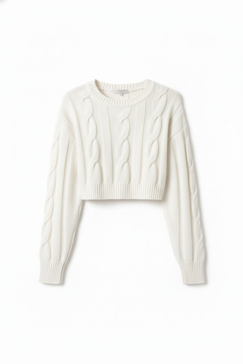 Loose Round-Neck Cable Knit Cropped Sweater