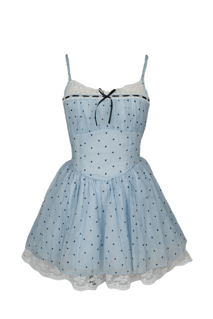 Baby blue polka dot lace strap dress