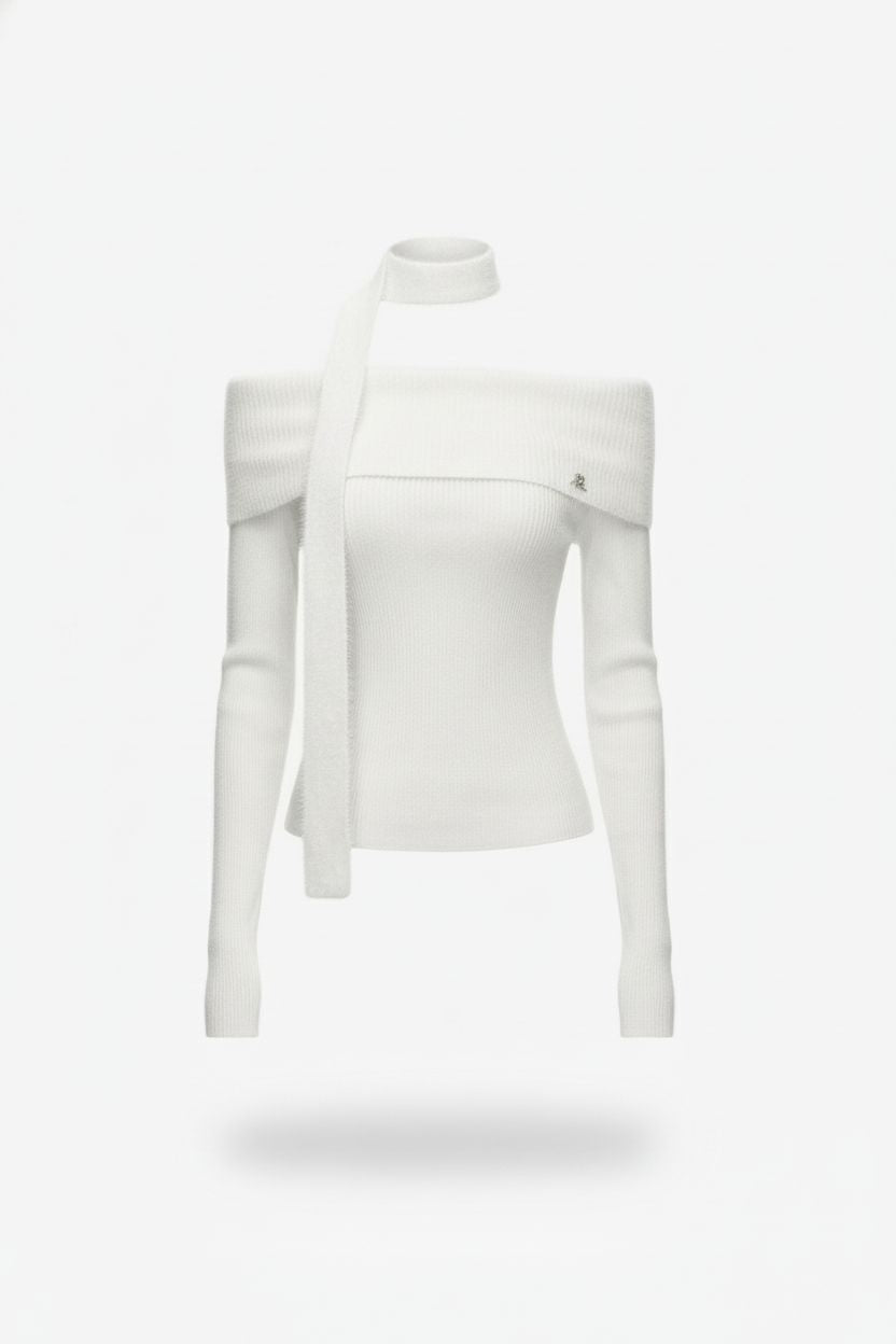 Vintage Off-Shoulder Knit Top – Long Sleeves