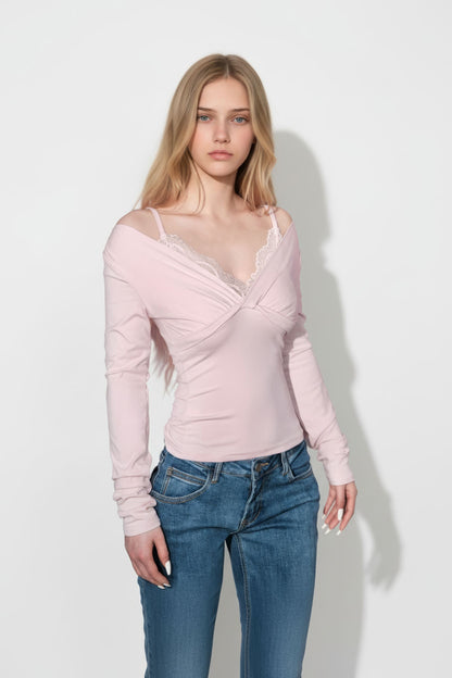 Lace Insert Top with Mock Layered Design