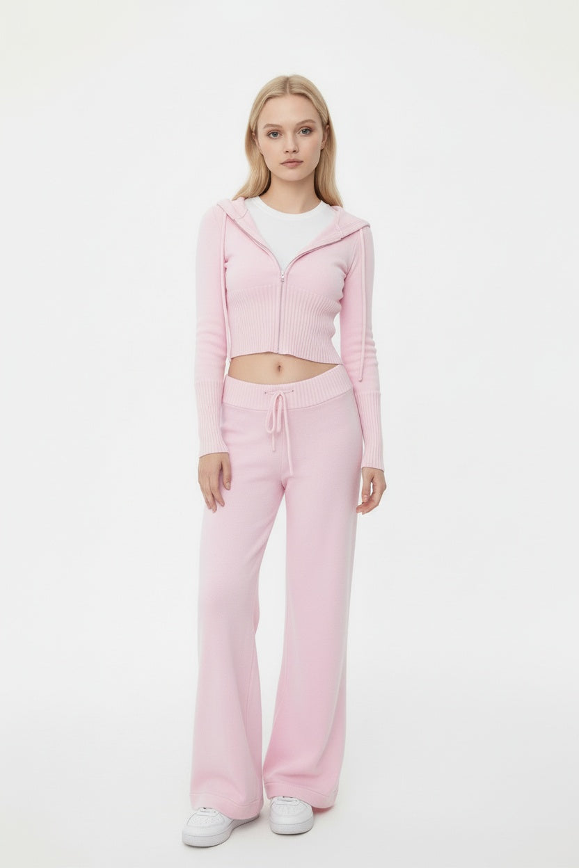 Pink Hooded Knit Set with Wide-Leg Trousers