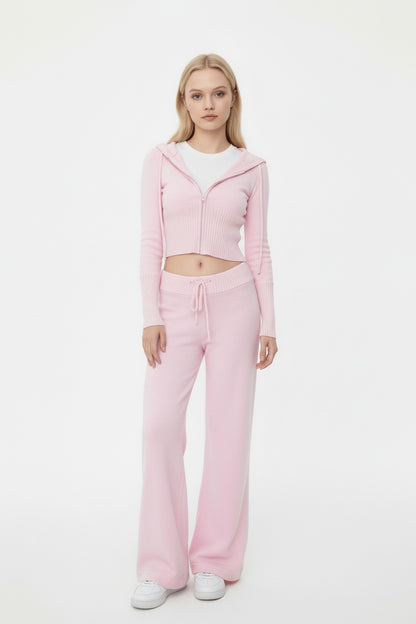 Pink Hooded Knit Set with Wide-Leg Trousers