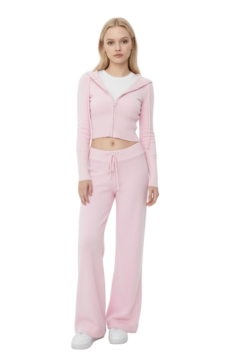 Pink Hooded Knit Set with Wide-Leg Trousers