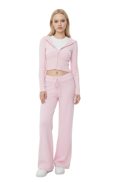 Pink Hooded Knit Set with Wide-Leg Trousers