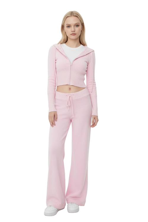 Pink Hooded Knit Set with Wide-Leg Trousers