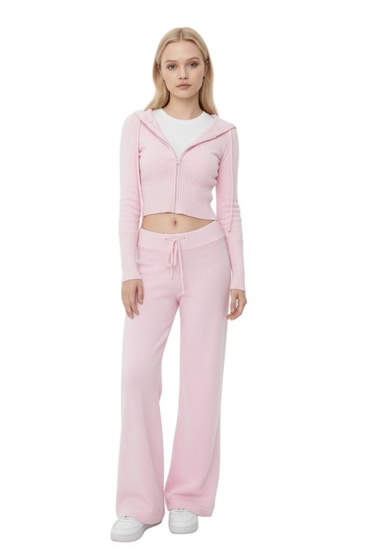Pink Hooded Knit Set with Wide-Leg Trousers