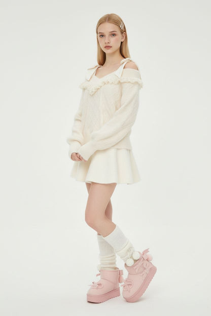 Cute Lace-Trim Cable Knit Off-Shoulder Sweater with Cami