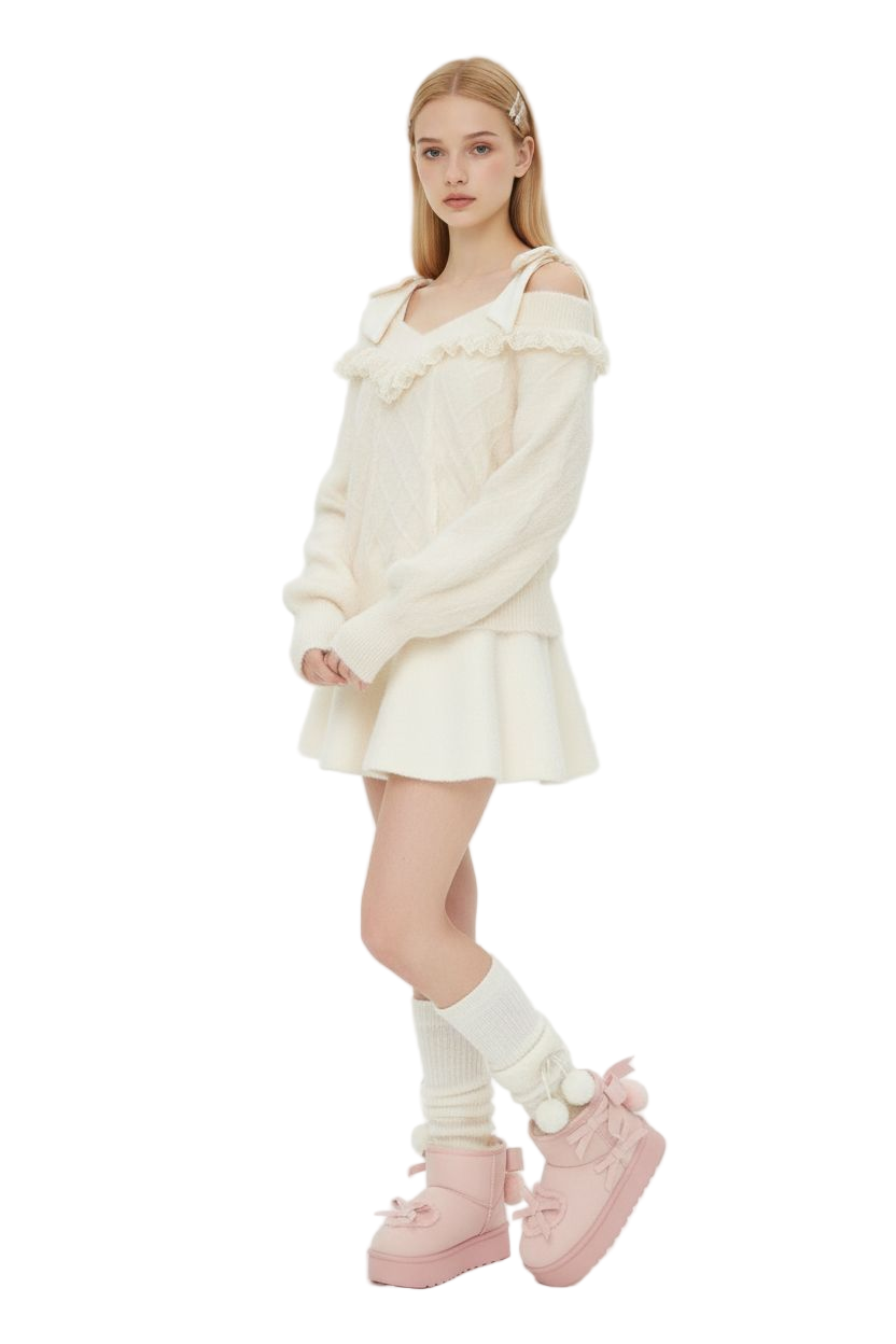 Cute Lace-Trim Cable Knit Off-Shoulder Sweater with Cami