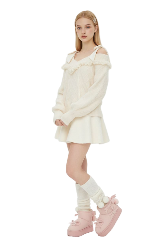 Cute Lace-Trim Cable Knit Off-Shoulder Sweater with Cami