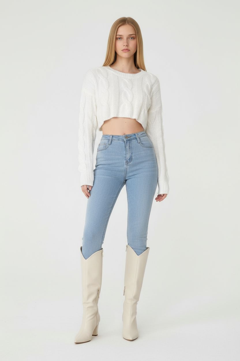 Loose Round-Neck Cable Knit Cropped Sweater