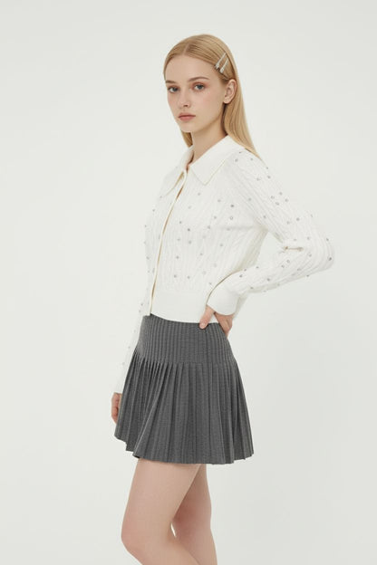 Rhinestone Polo-Collar Knit Cardigan & High-Waisted Pleated Skirt Set