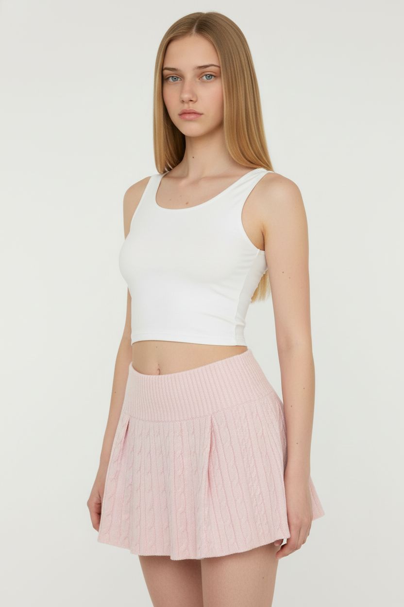 Pink Cable Knit Skirt with Folded Waist