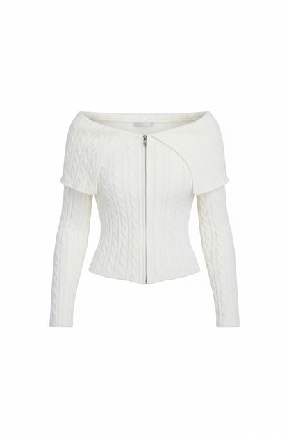 Chunky Cable Knit Sweater with Wide Notch Collar