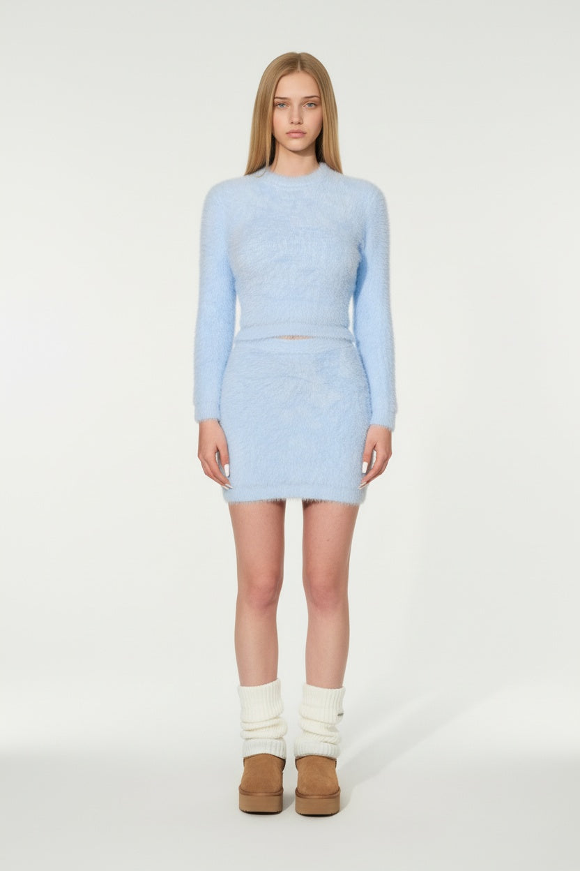 Fuzzy Mohair Blend Twin Set with High-Waist Wrap Skirt