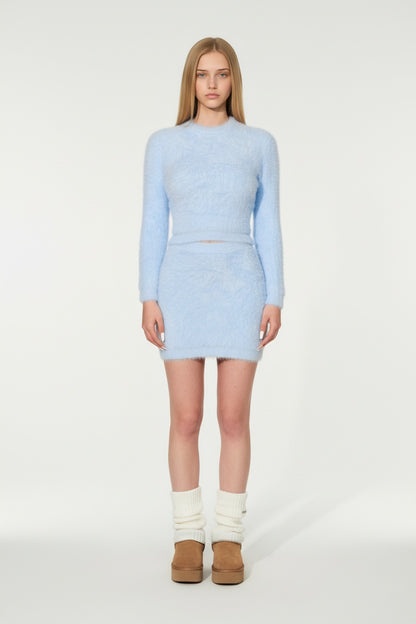 Fuzzy Mohair Blend Twin Set with High-Waist Wrap Skirt