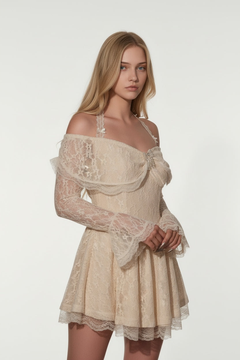 Off-Shoulder Lace Halter Neck Dress