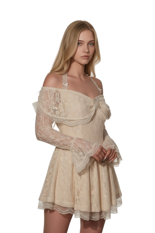 Off-Shoulder Lace Halter Neck Dress
