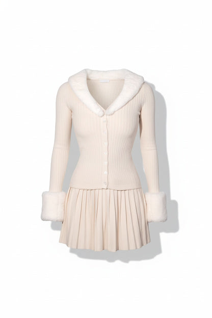 Plush Collar Knit Set with Pleated Skirt