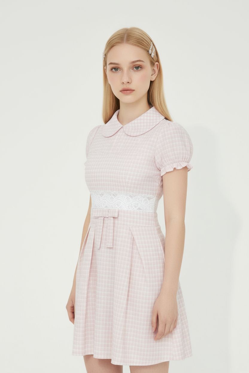 Pink French Doll-Collar Short-Sleeve Dress