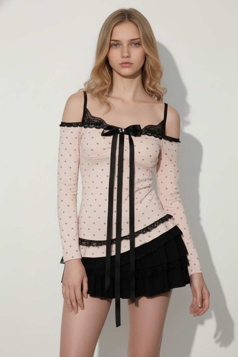 Polka dot top & lace puff skirt outfit