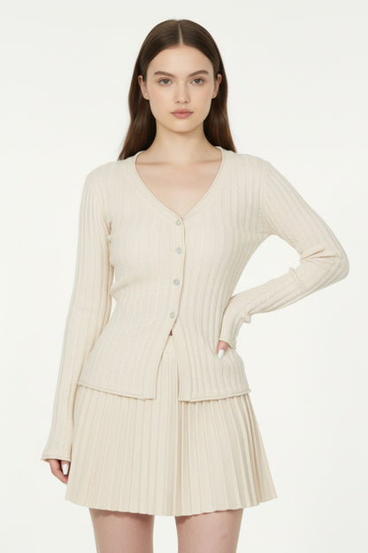 V-Neck Knit Cardigan & Pleated Skirt Set