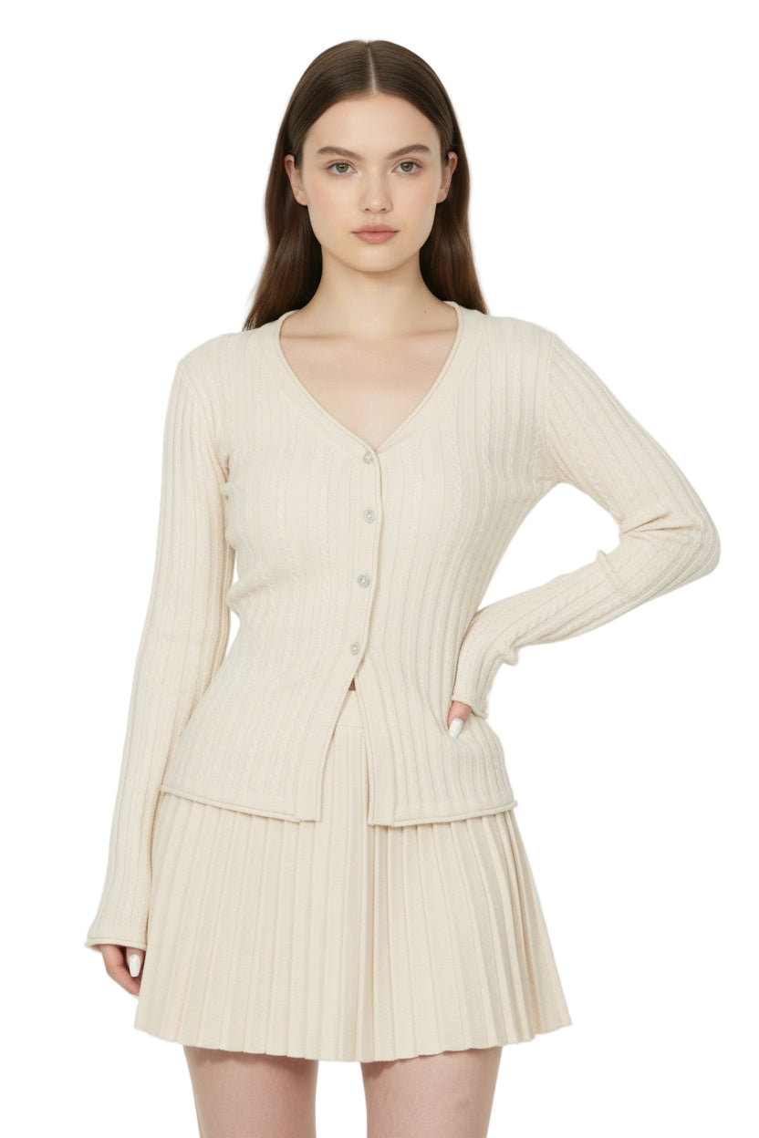 V-Neck Knit Cardigan & Pleated Skirt Set