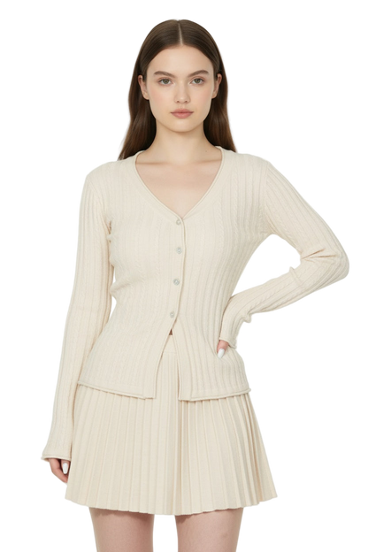 V-Neck Knit Cardigan & Pleated Skirt Set