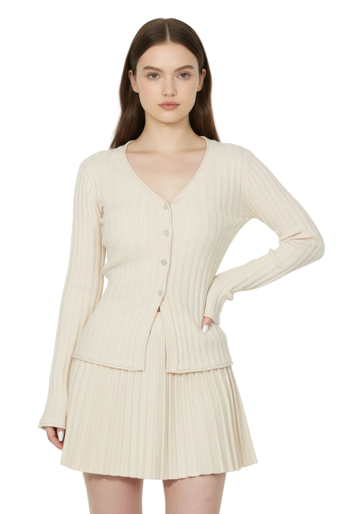 V-Neck Knit Cardigan & Pleated Skirt Set