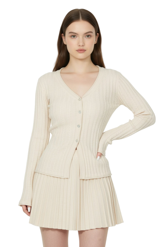 V-Neck Knit Cardigan & Pleated Skirt Set