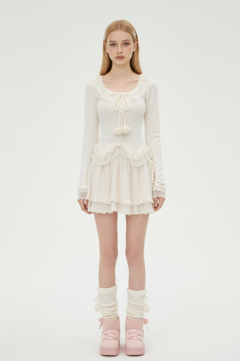 Soft Knit Two-Piece Set with Lace Ties and Pom-Poms