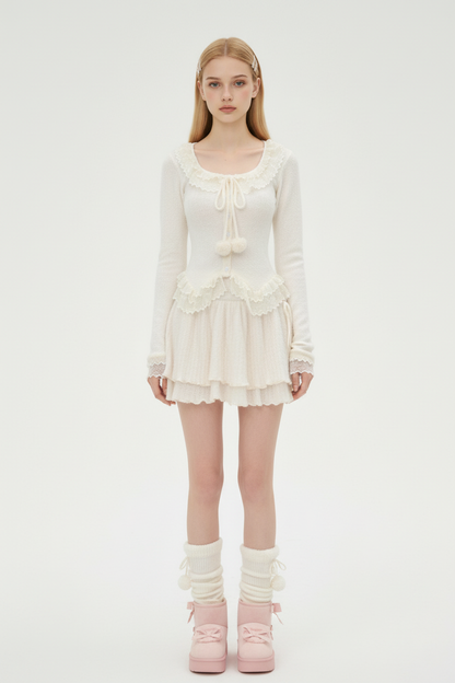 Soft Knit Two-Piece Set with Lace Ties and Pom-Poms