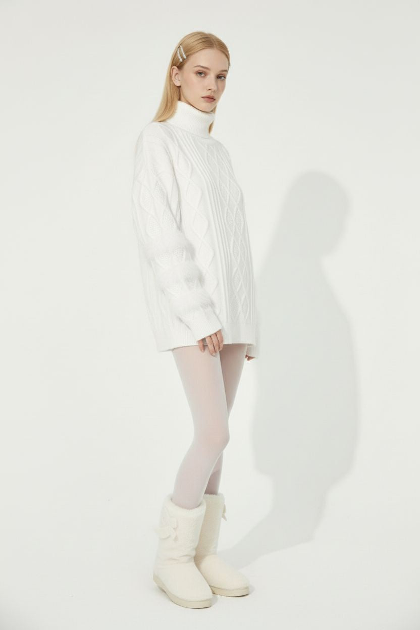 Loose Furry Patchwork Cable Knit Sweater