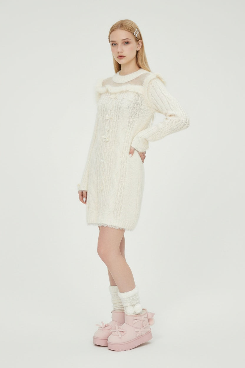 White Wool-Knit Sweater Dress