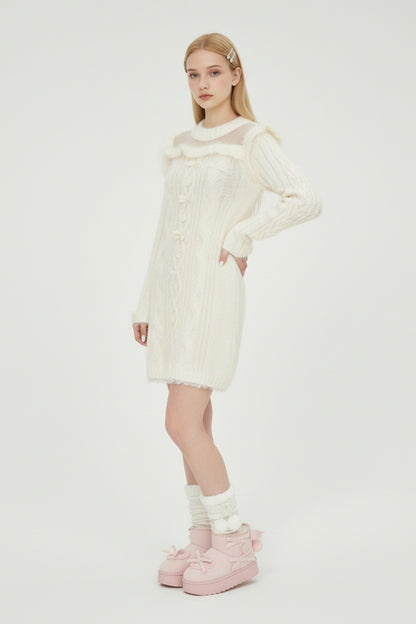 White Wool-Knit Sweater Dress