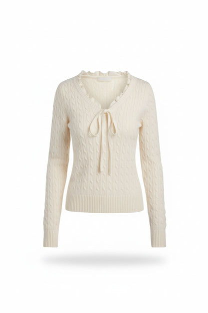 White Cable Knit Sweater with Ruffle Trim