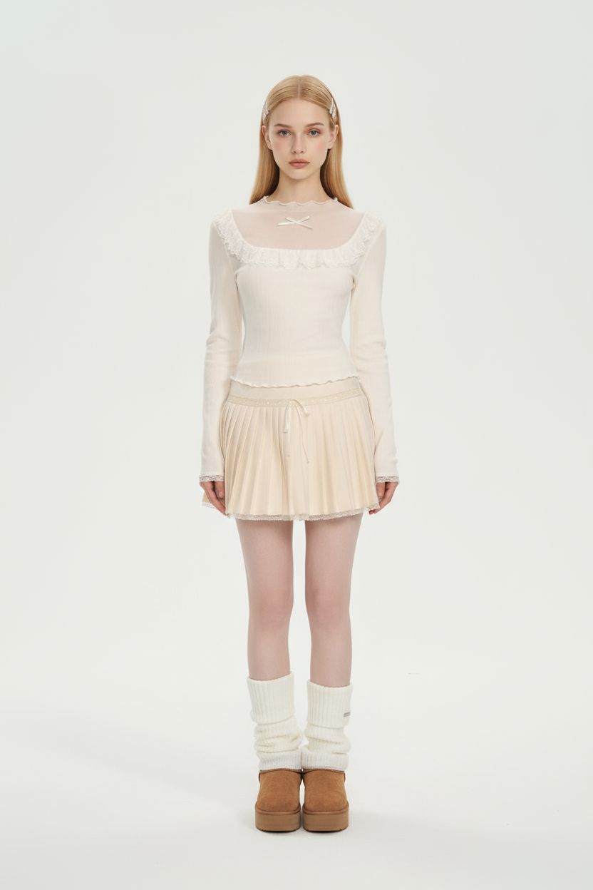 Slim Mock-Neck Knit Top with Lace Trim & Mesh Panels