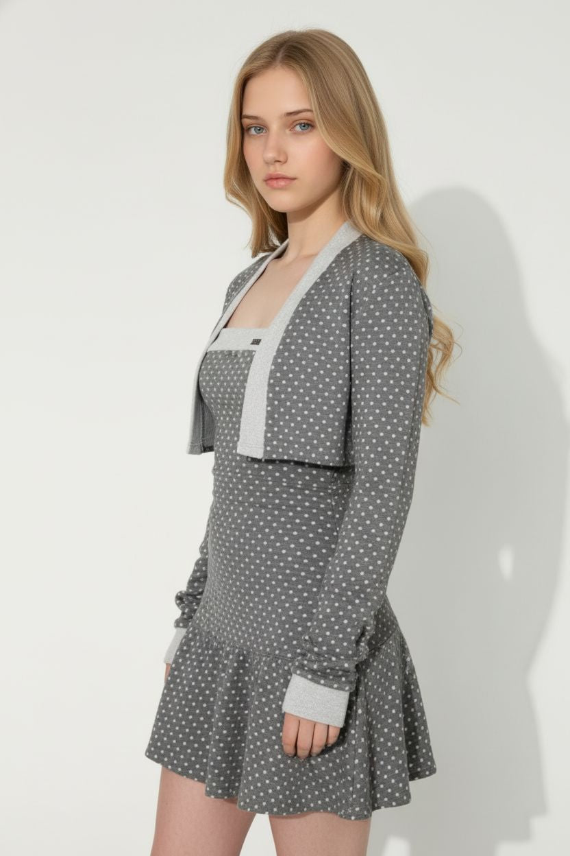 Gray Polka Dot Patchwork Tube Dress & Cardigan Set