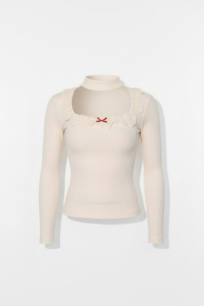 Cream Bow Accented Lace Blouse