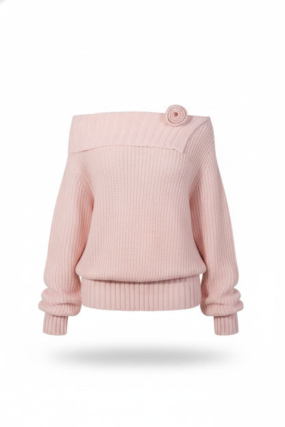 Off-Shoulder Rose-Decor Knit Sweater