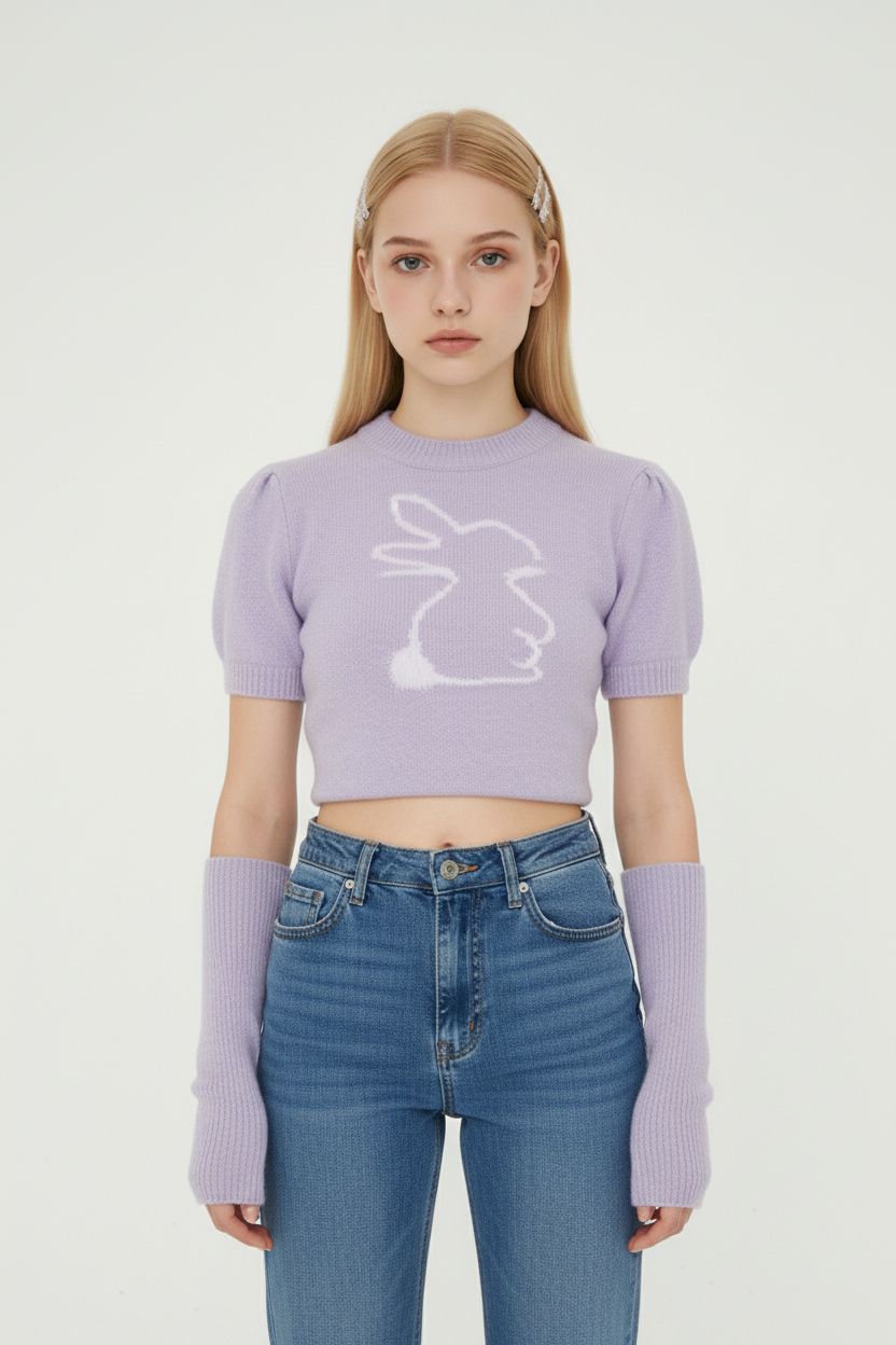 Purple Bunny Sleeve-Cover Knit Sweater