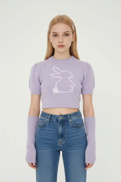 Purple Bunny Sleeve-Cover Knit Sweater
