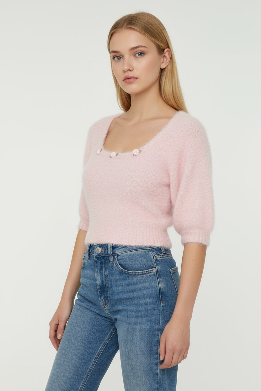 Floral Short-Sleeve Sweater