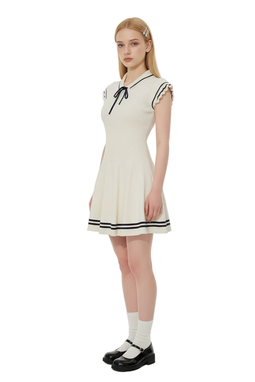 Nautical-style Flutter Sleeve Knit Dress